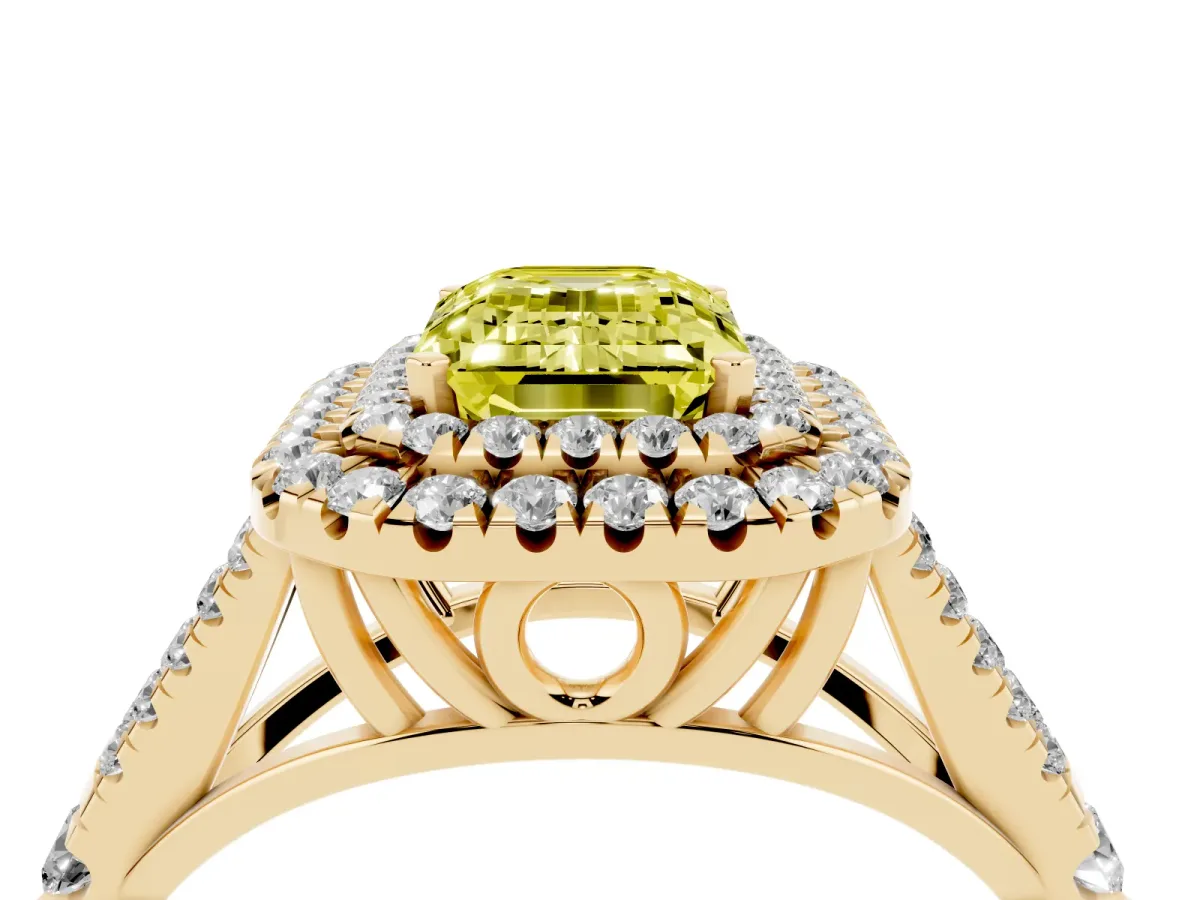 Fancy Yellow Emerald Cut Diamond Pavé Split Shank Double Halo Engagement Ring Yellow gold