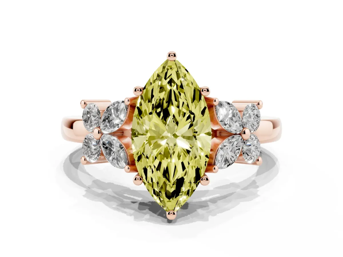Fancy Yellow Marquise Cut Diamond Floral Cluster Ring with Solitaire Band and Prong Setting Rose gold