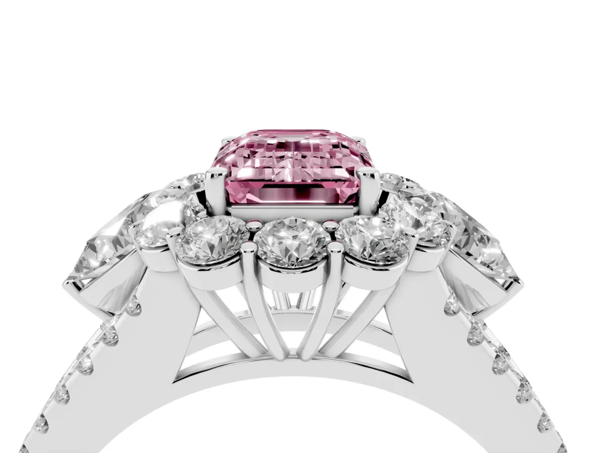 Fancy Pink Emerald Cut Halo Split Shank Diamond Engagement Ring with Prong Setting White gold