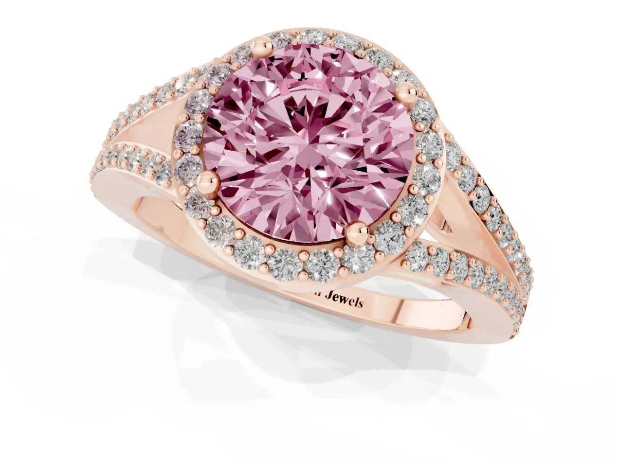 Fancy Pink Round Cut Halo Split Shank Diamond Ring with Prong Setting Rose gold