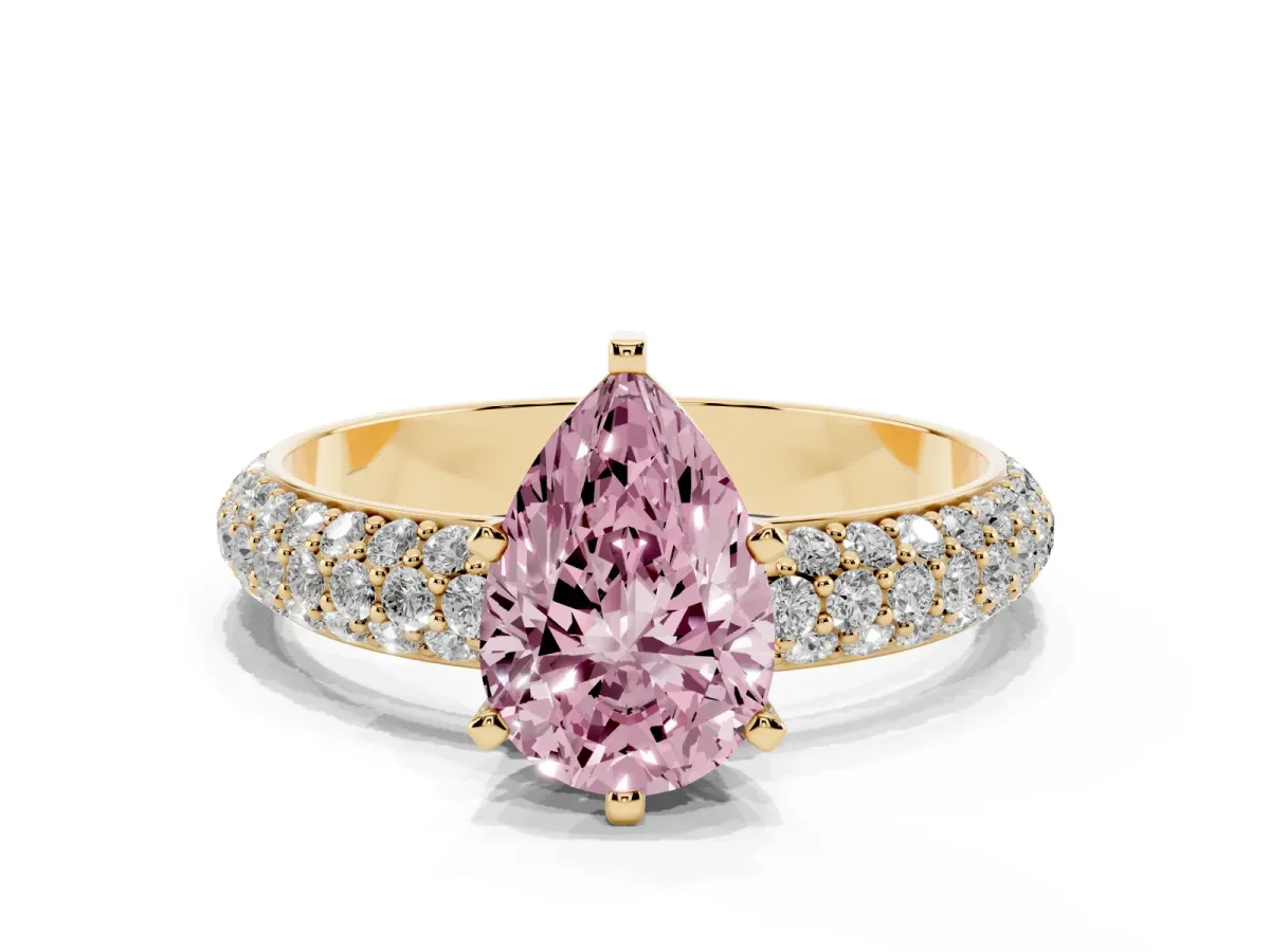 Fancy Pink Pear Cut Diamond Solitaire Ring with Prong Setting and Pavé Band Yellow gold
