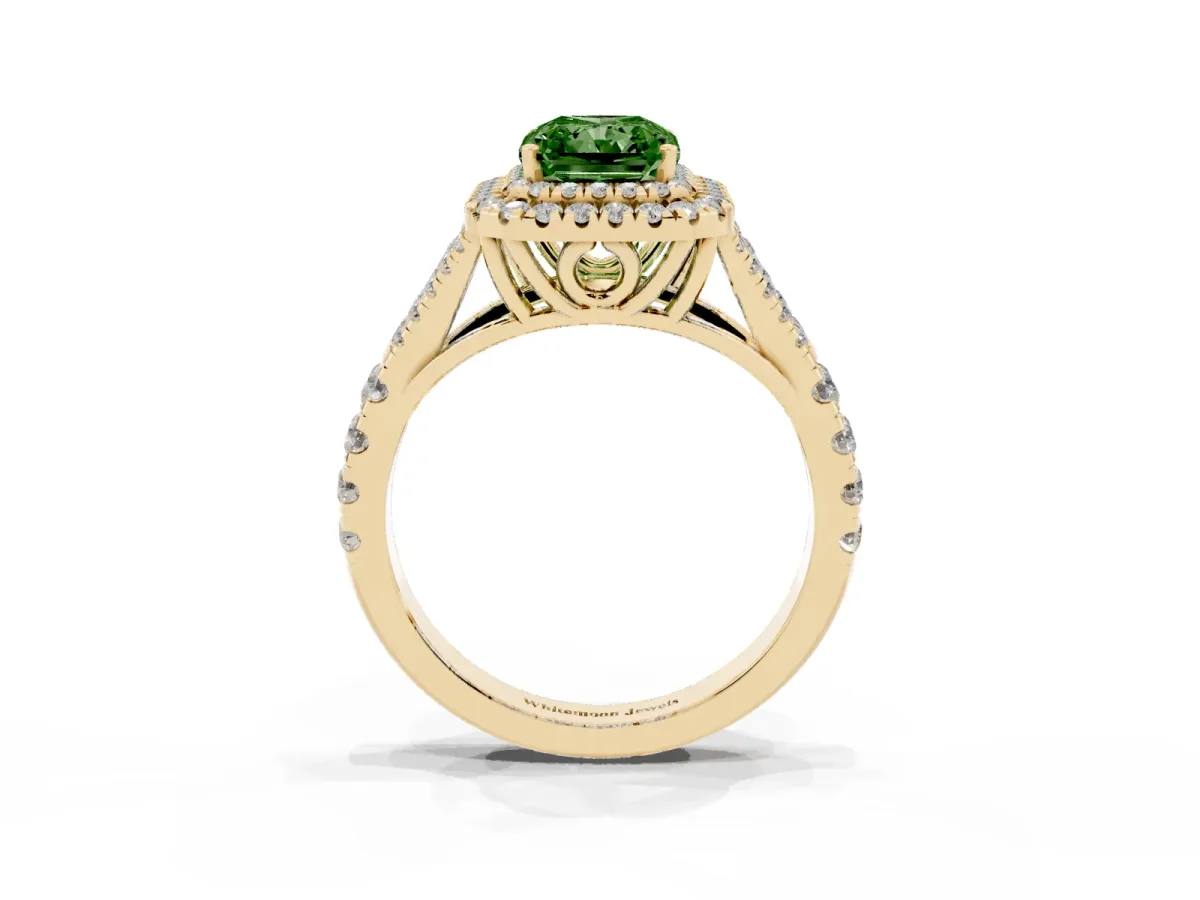 Fancy Green Radiant Cut Diamond Double Halo Ring with Split Shank and Prong Setting Yellow gold