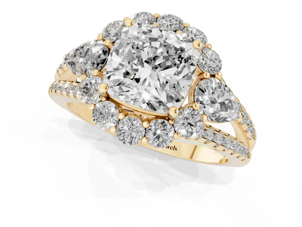 Cushion Cut Halo Split Shank Diamond Engagement Ring with Prong Setting Yellow gold