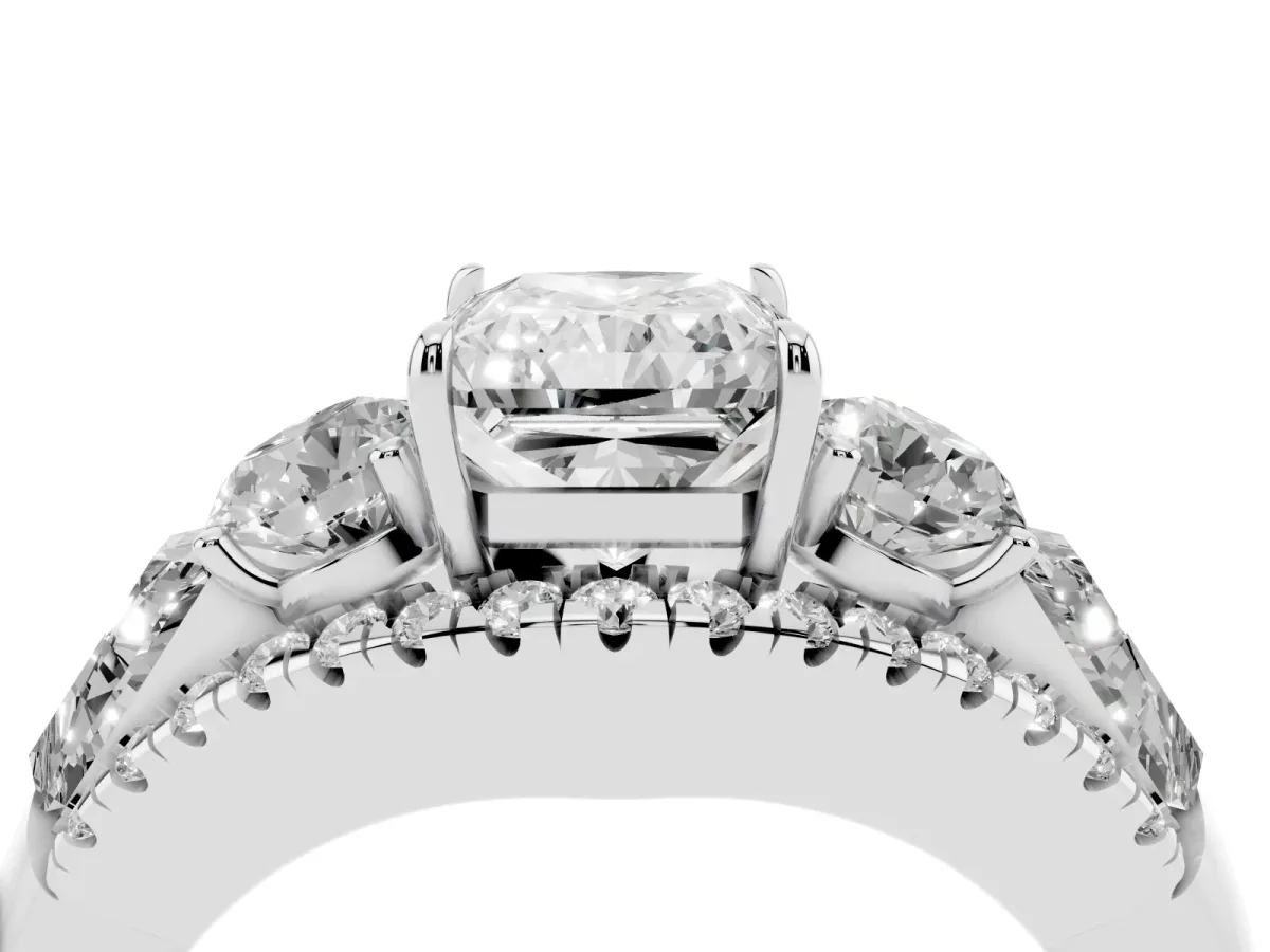 Three-Stone Radiant Cut Diamond Engagement Ring with Pave Band and Prong Setting Silver