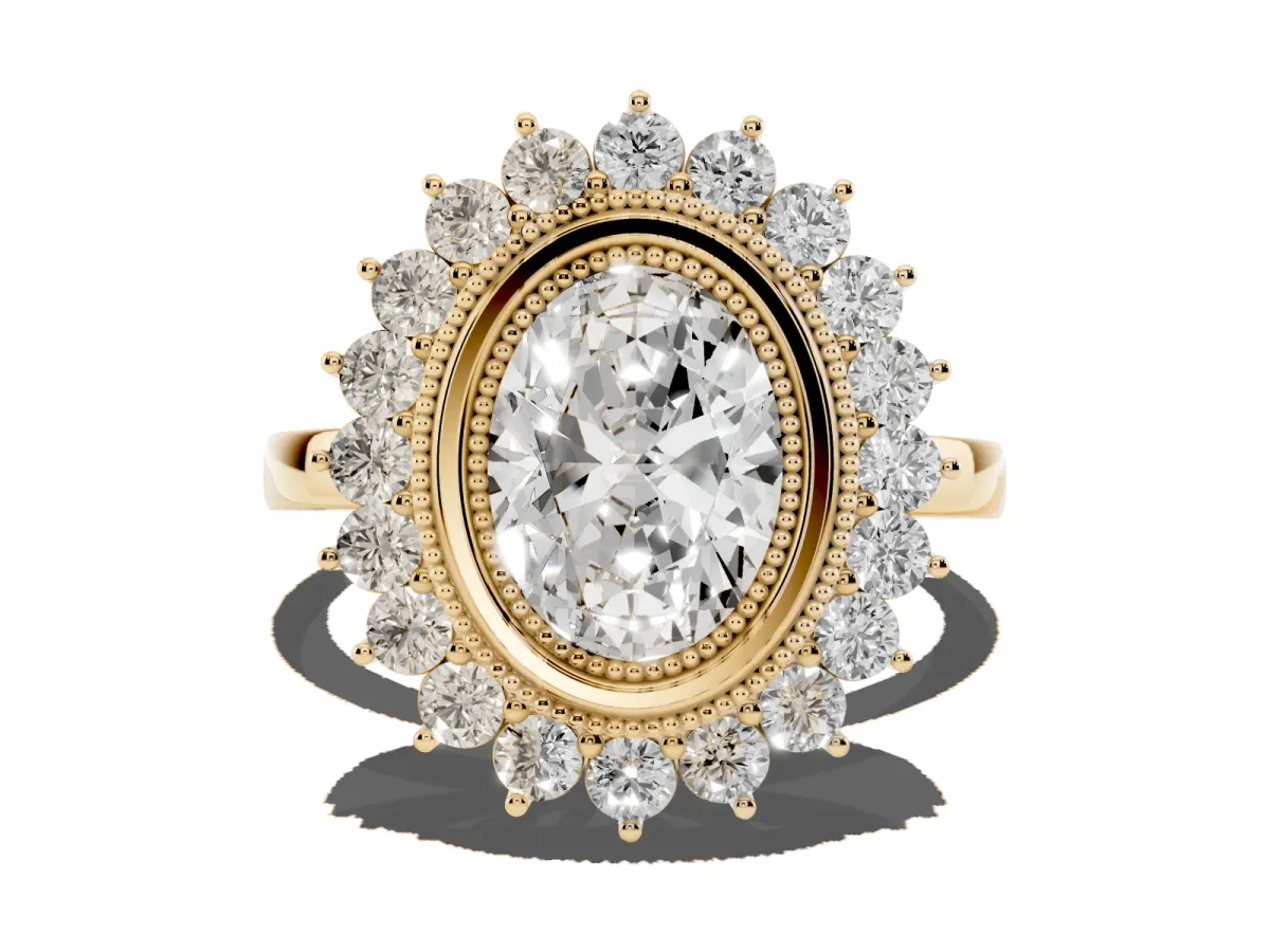 Oval Cut Halo Diamond Ring with Milgrain Edge and Round Prong Setting Yellow gold