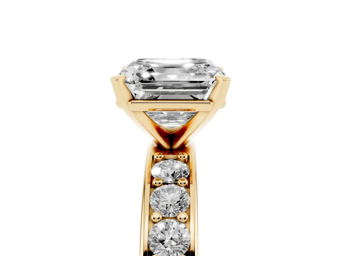 Asscher Cut Diamond Engagement Ring with Channel Set Round Band and Prong Setting Yellow gold
