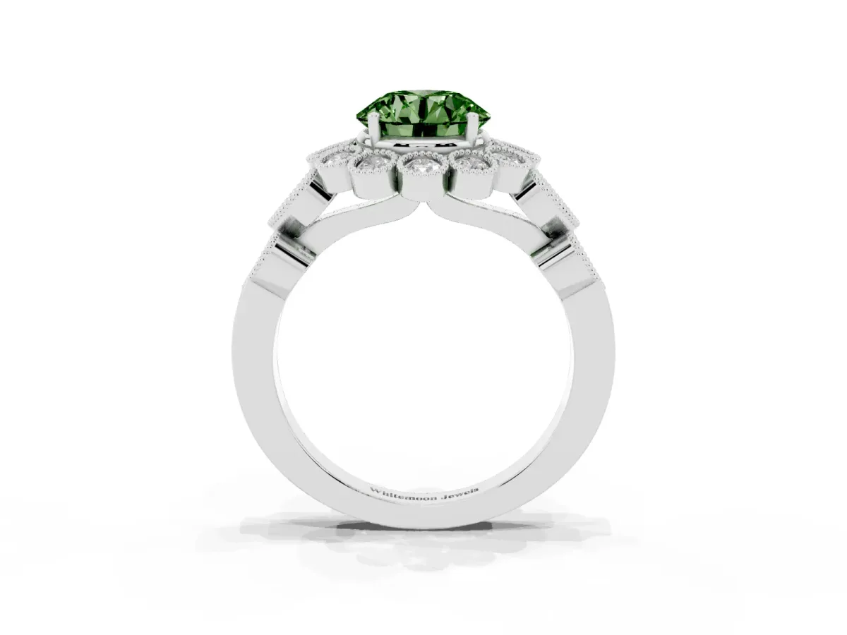 Fancy Green Round Cut Brilliant Milgrain Pave Heart Band Solitaire Ring Platinum