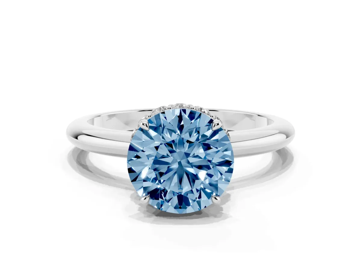 Fancy Blue Round Cut Brilliant Solitaire Engagement Ring with Six-Prong Setting and Classic Band White gold
