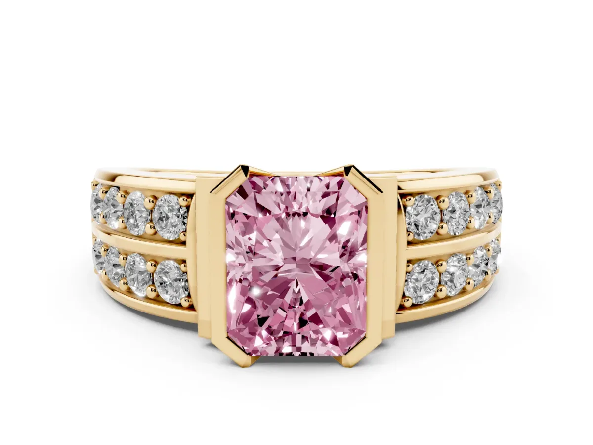 Fancy Pink Radiant Cut Brilliant Diamond Channel Set Wide Band Ring with Bezel Setting Yellow gold