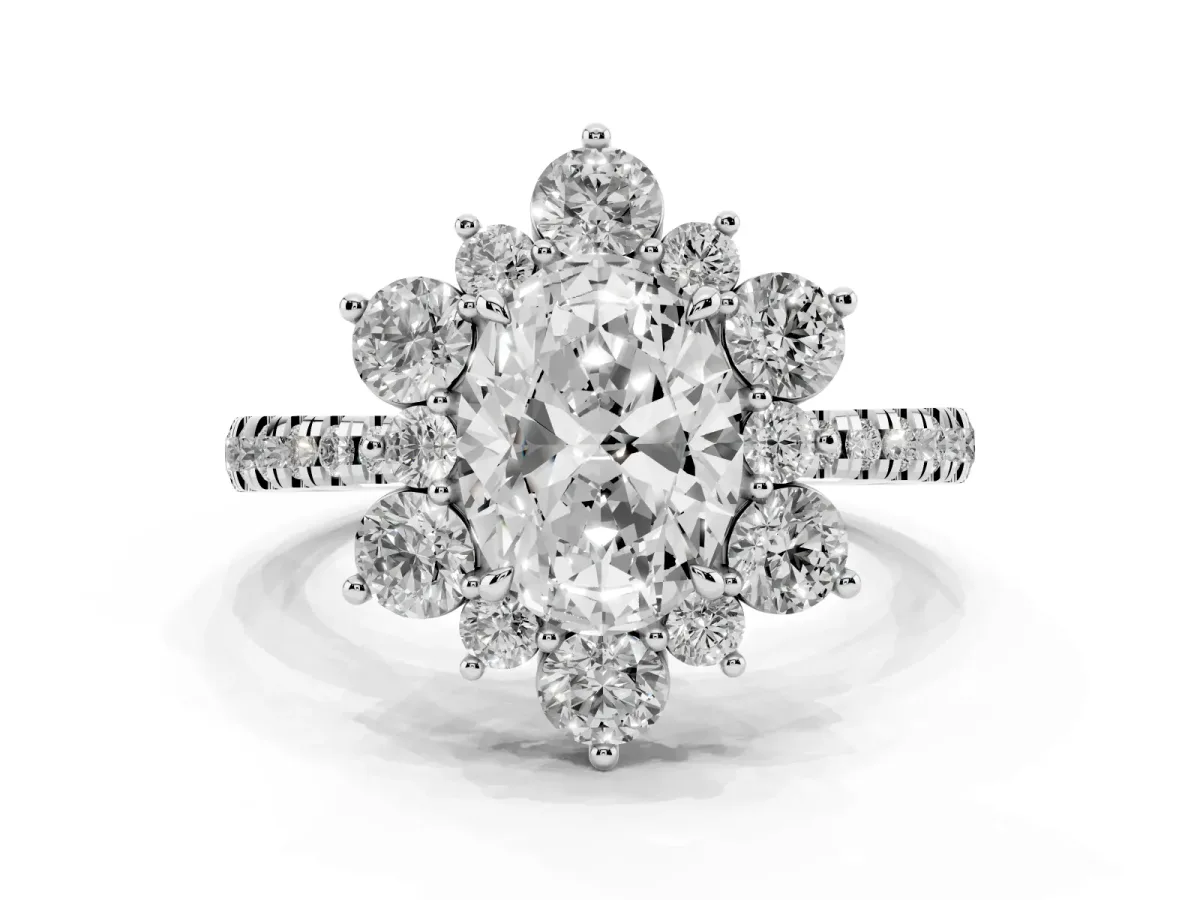 Oval Cut Diamond Floral Halo Ring with Round Pavé Band and Prong Setting White gold