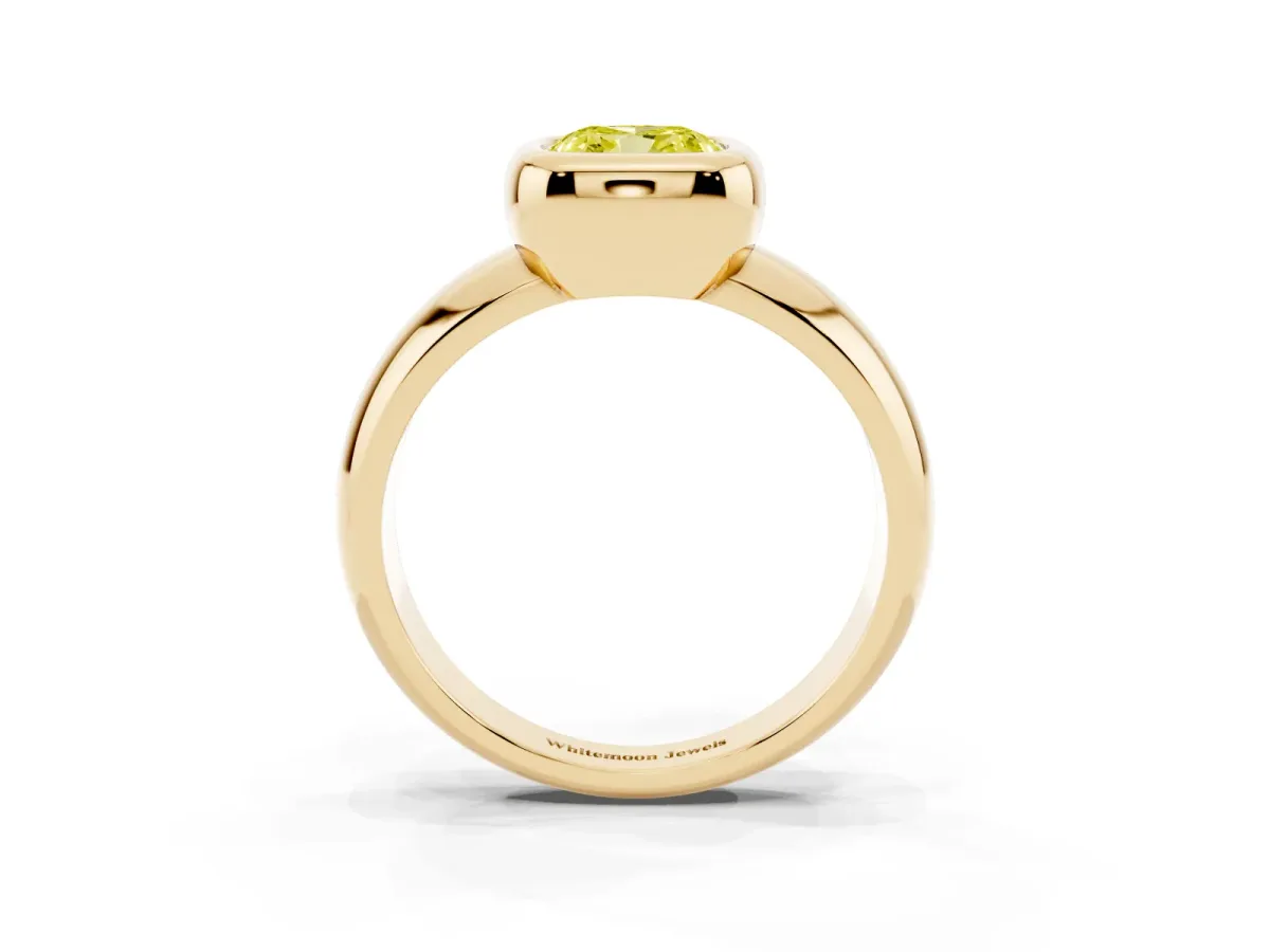 Fancy Yellow Bezel Set Cushion Cut Solitaire Ring with Wide Band Yellow gold