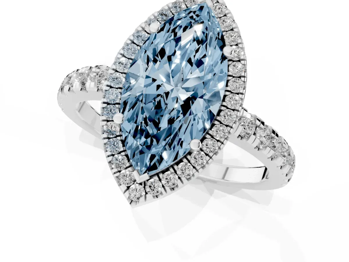 Fancy Blue Marquise Cut Diamond Halo Ring with Pavé Band and Four-Prong Setting White gold