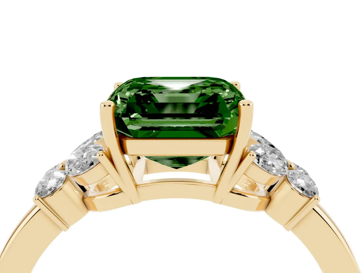 Fancy Green Asscher Cut Cut Solitaire Floral Diamond Ring with Four-Prong Setting Yellow gold