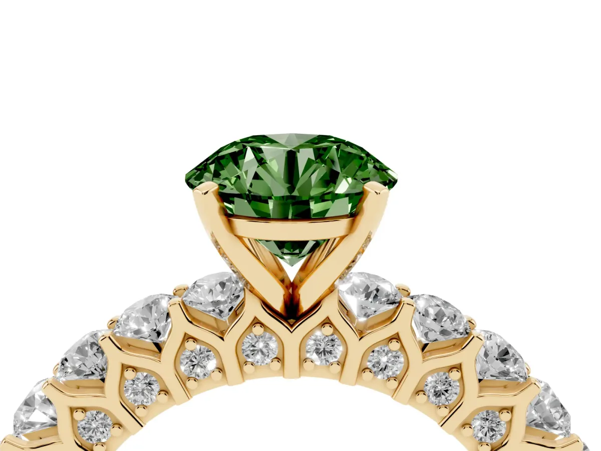 Fancy Green Round Cut Diamond Solitaire Ring with Shared Prong Pavé Band and Four-Prong Setting Yellow gold