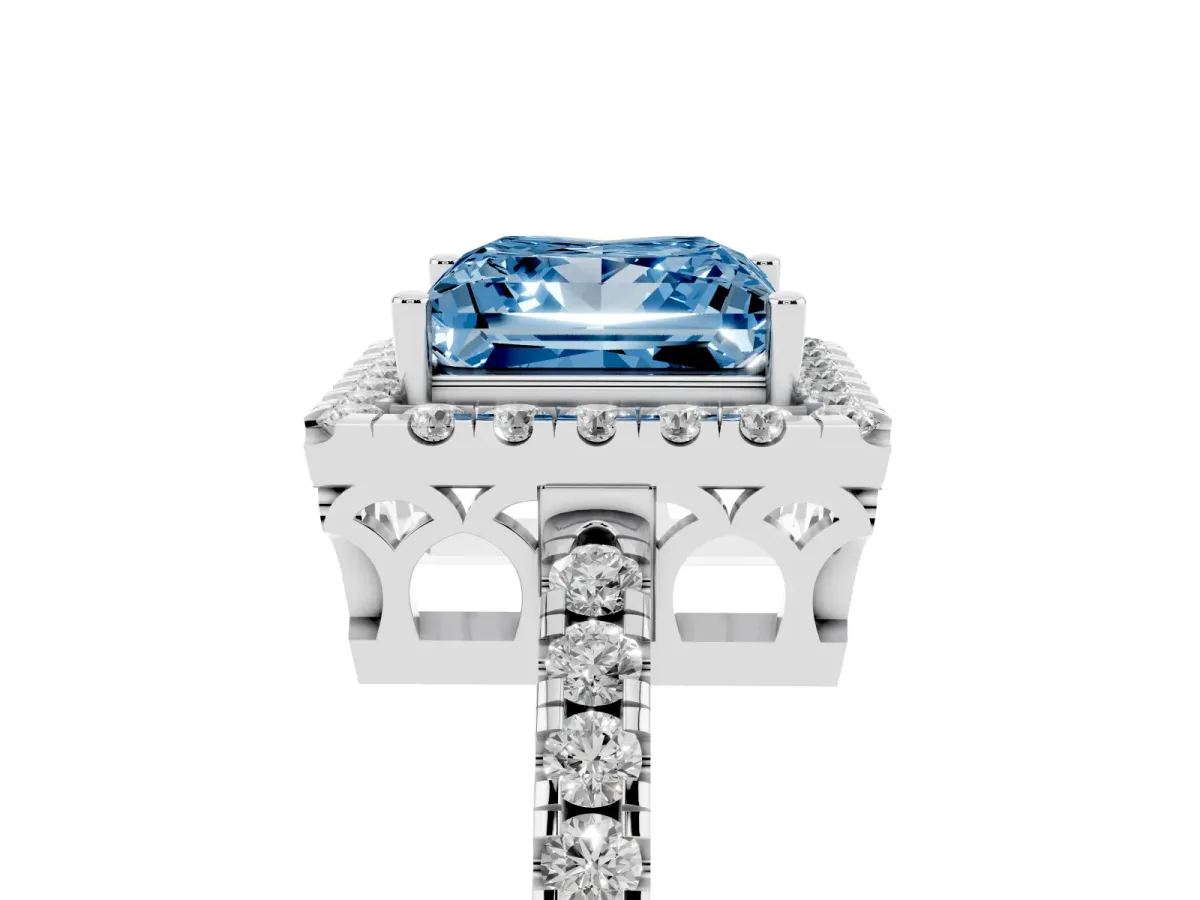 Fancy Blue Princess Cut Halo Diamond Engagement Ring with Pavé Band and Four-Prong Setting Platinum