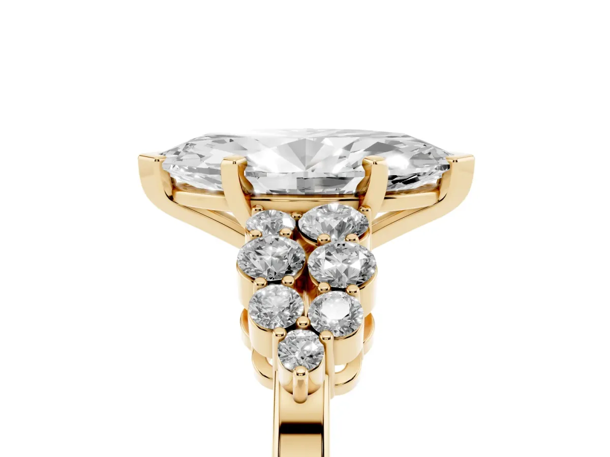 Marquise Cut Cluster Diamond Engagement Ring with Pavé Band and Four-Prong Setting Yellow gold