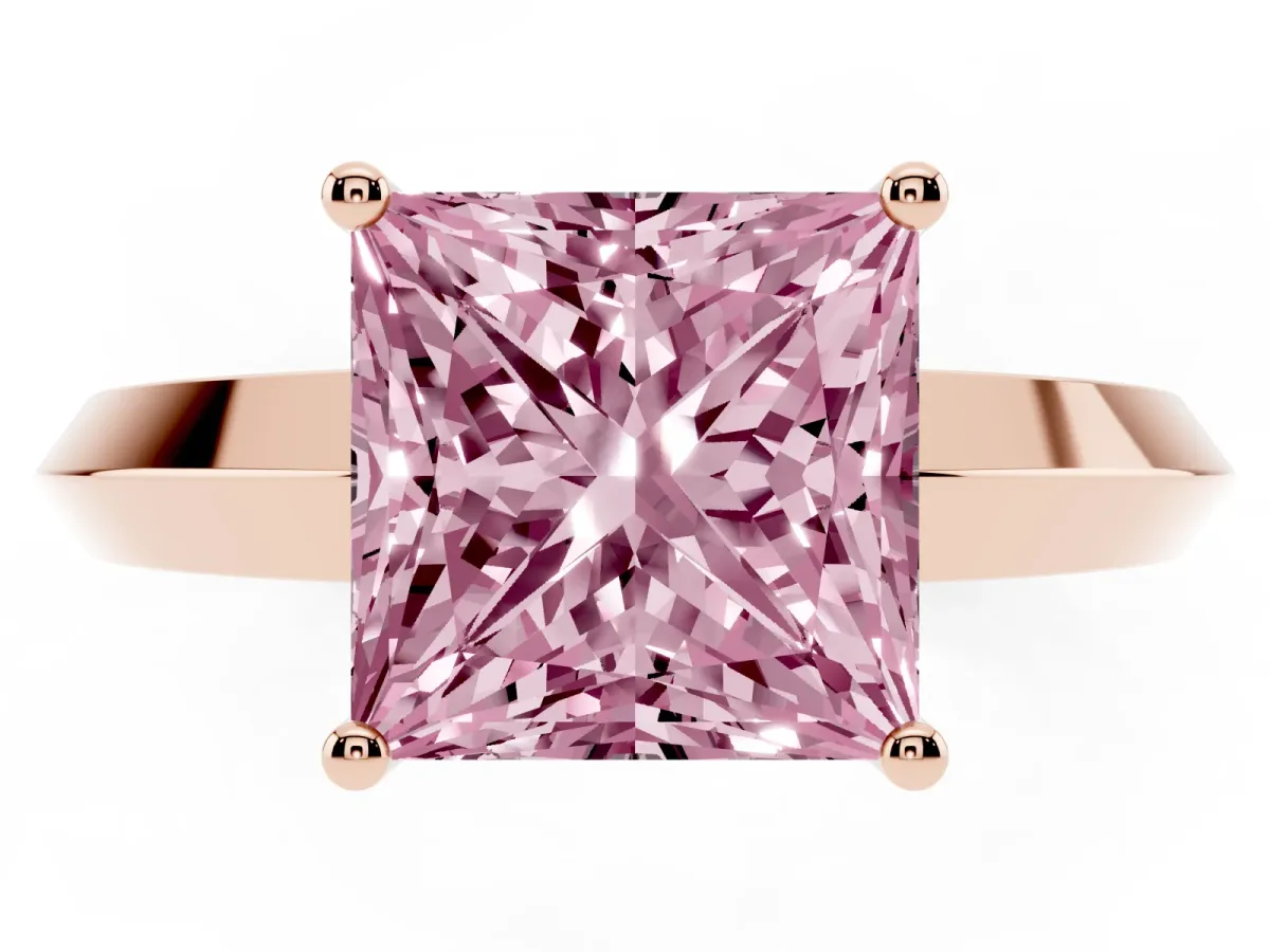 Fancy Pink Princess Cut Cut Solitaire Engagement Ring with Flat Band and Four-Prong Setting Rose gold