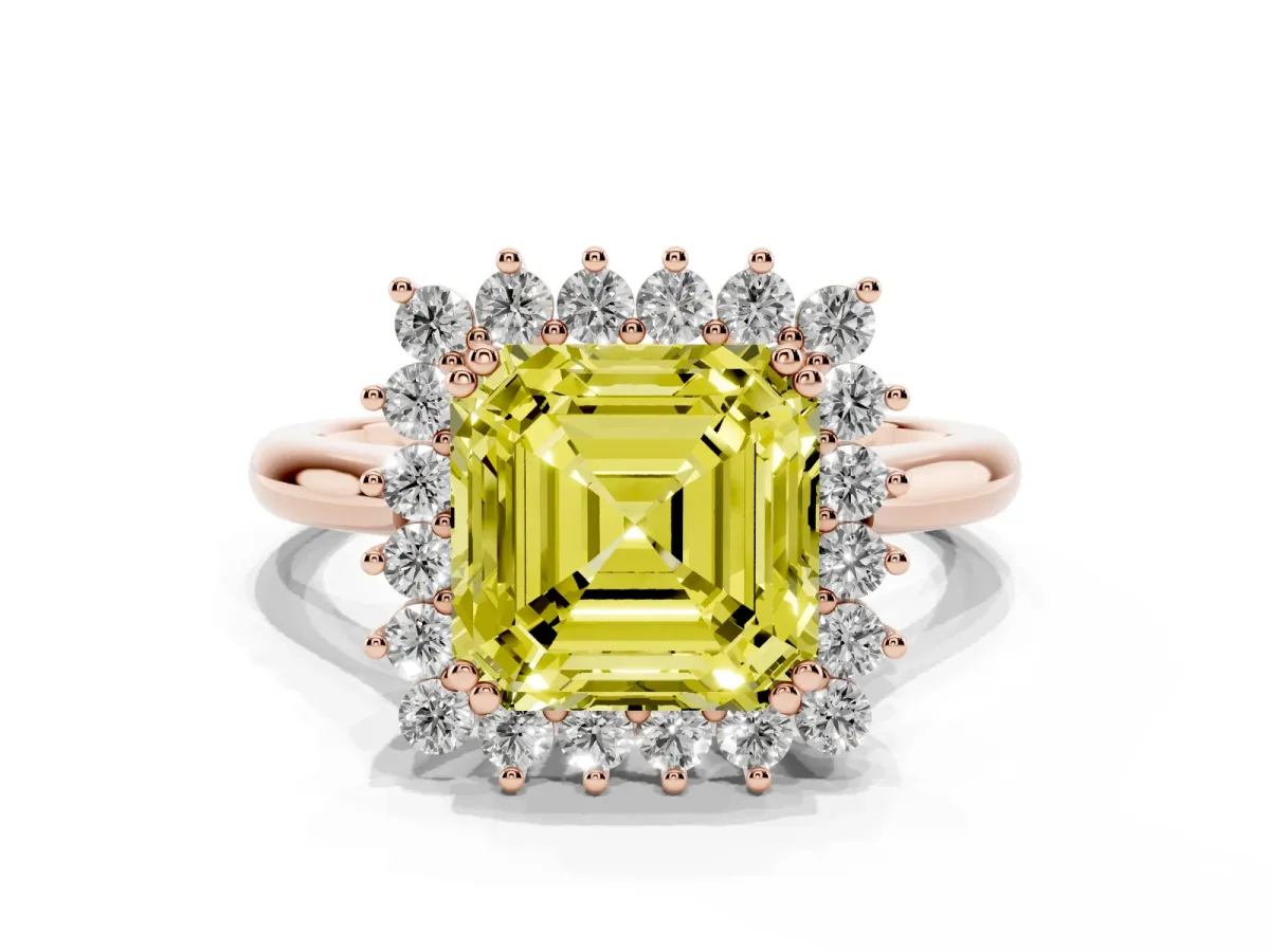 Fancy Yellow Asscher Cut Cut Diamond Halo Ring with Solitaire Band and Prong Setting Rose gold