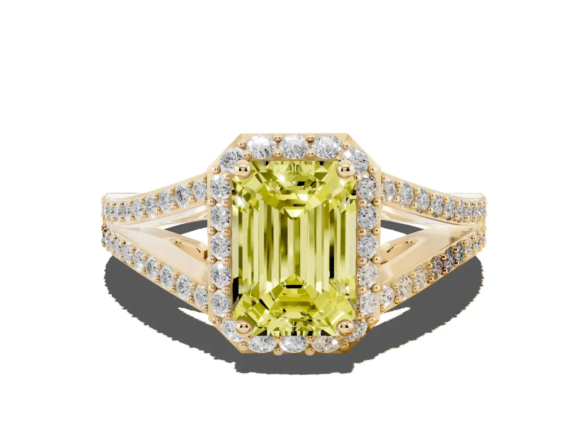 Fancy Yellow Emerald Cut Halo Split Shank Diamond Ring with Prong Setting Yellow gold