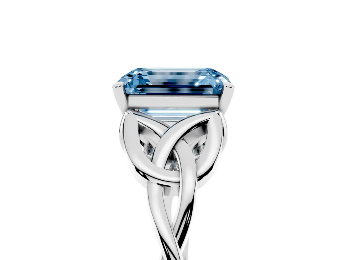 Fancy Blue Emerald Cut Diamond Solitaire Engagement Ring with Celtic Knot Band and Four-Prong Setting Platinum