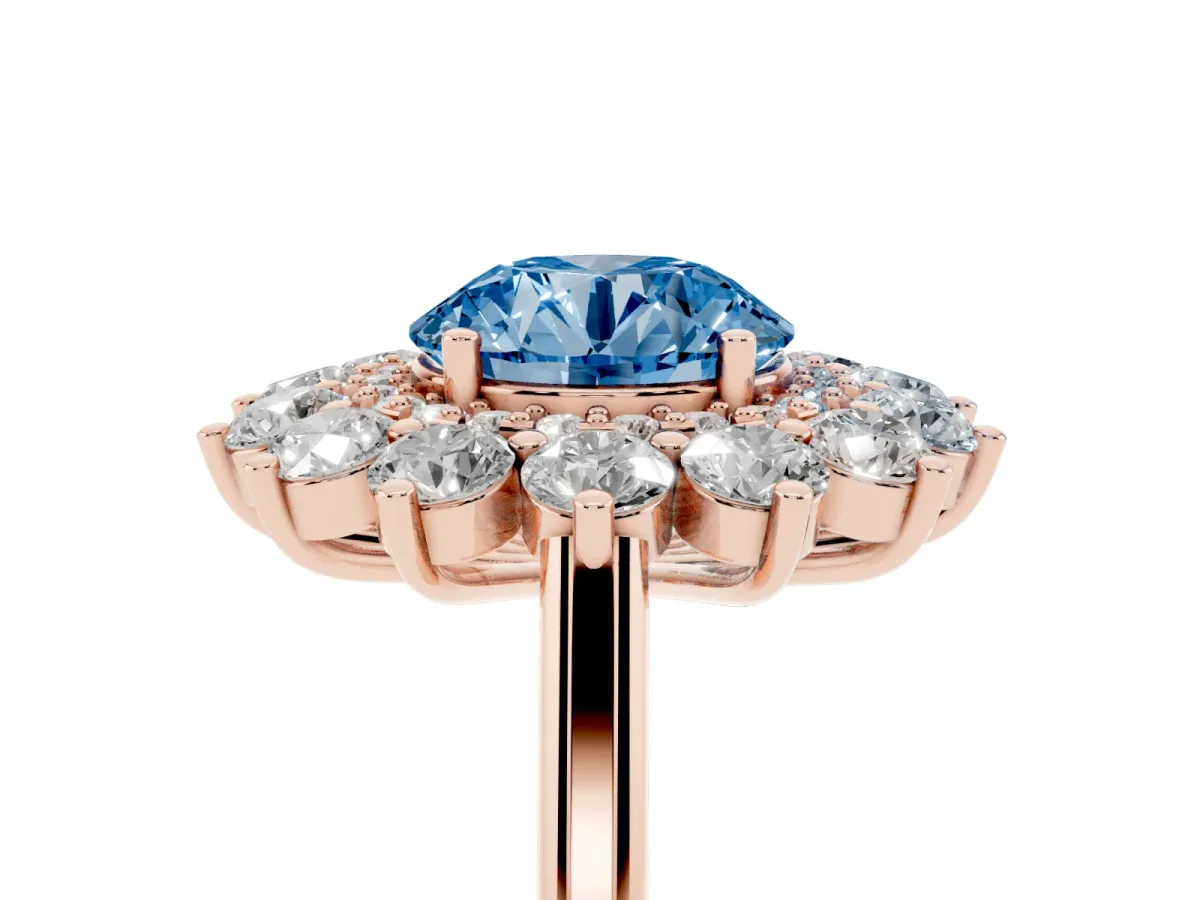 Fancy Blue Round Cut Diamond Floral Double Halo Engagement Ring with Prong Setting Rose gold