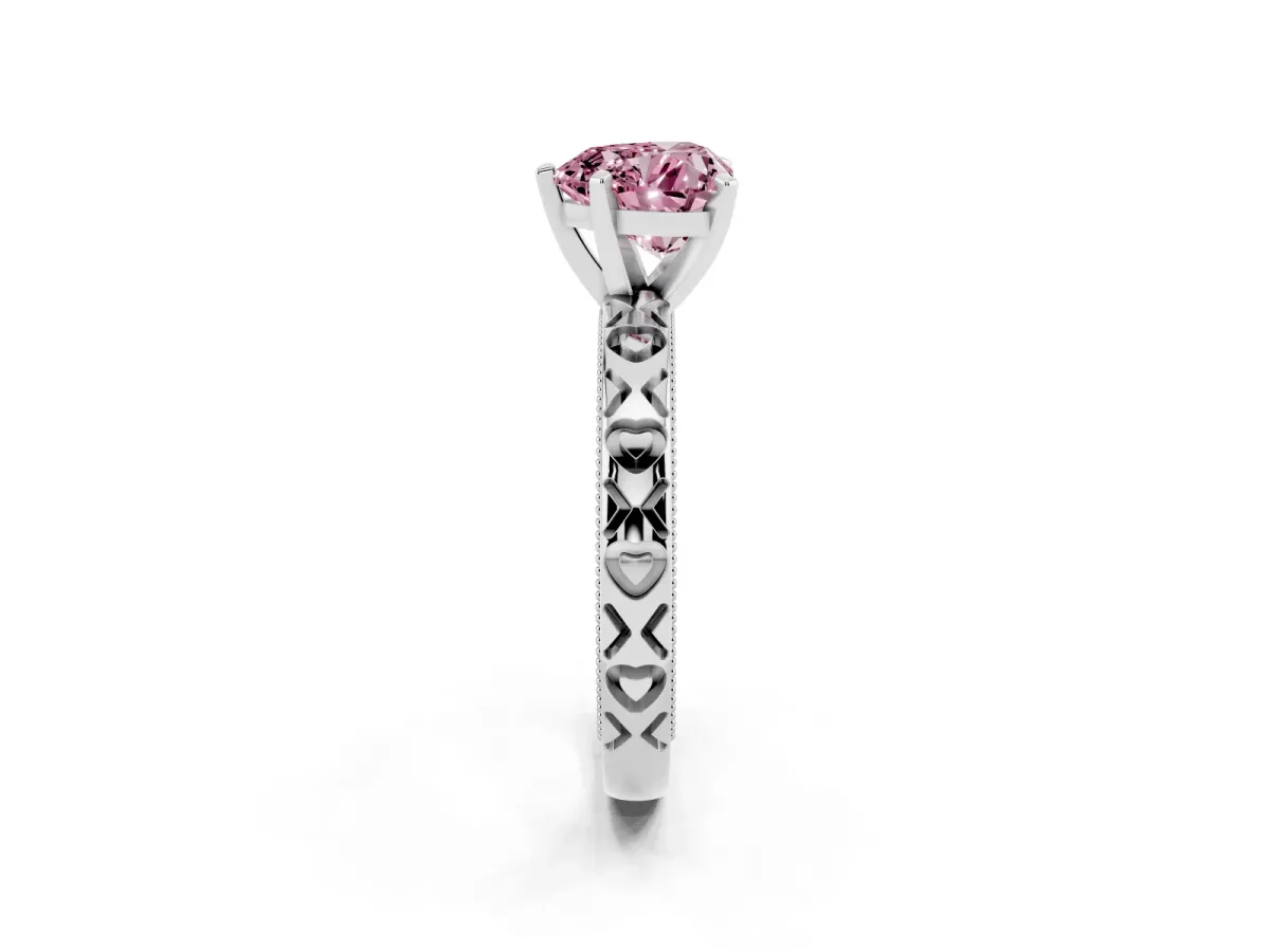 Fancy Pink Heart Cut Solitaire Diamond Engagement Ring with XO Engraved Band and Four-Prong Setting White gold
