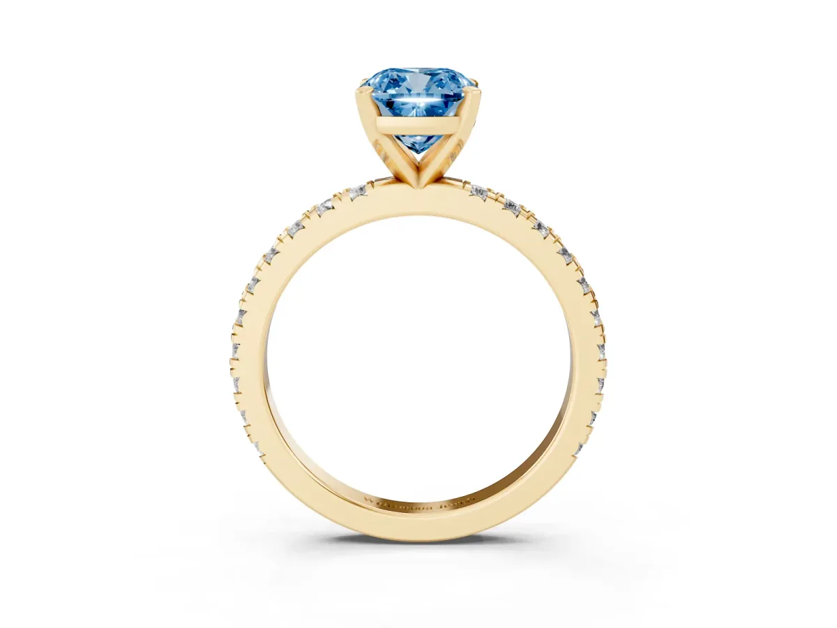 Fancy Blue Cushion Cut Diamond Pavé Band Solitaire with Four-Prong Setting Yellow gold