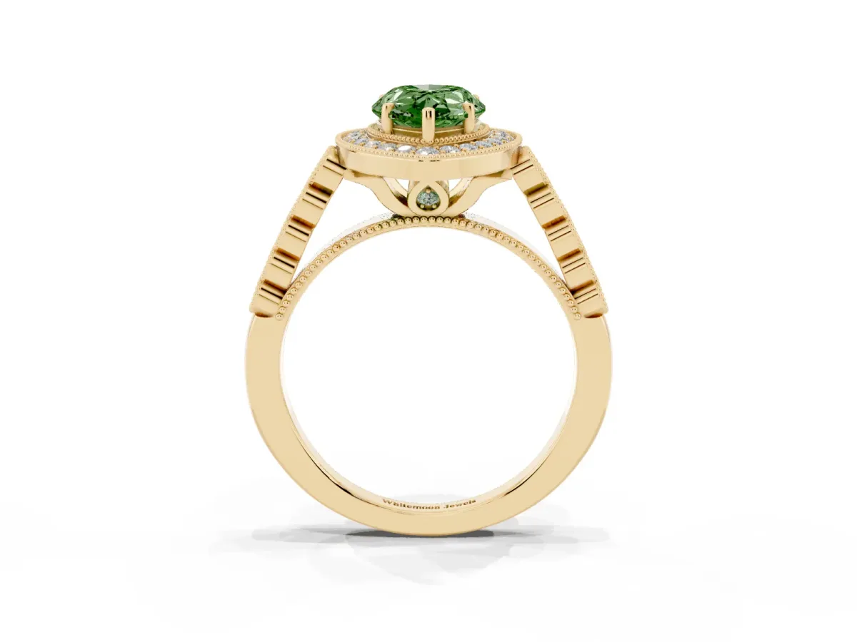 Fancy Green Pear Cut Halo Milgrain Solitaire with Bezel Set Side Stones and Pave Band Yellow gold