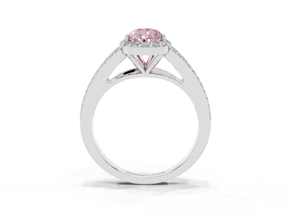 Fancy Pink Pear Cut Halo Split Shank Pave Diamond Ring with Four-Prong Setting Platinum