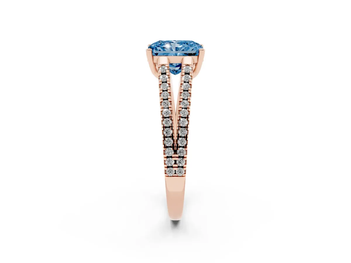 Fancy Blue Radiant Cut Diamond Solitaire Engagement Ring with Split Shank Pavé Band Rose gold