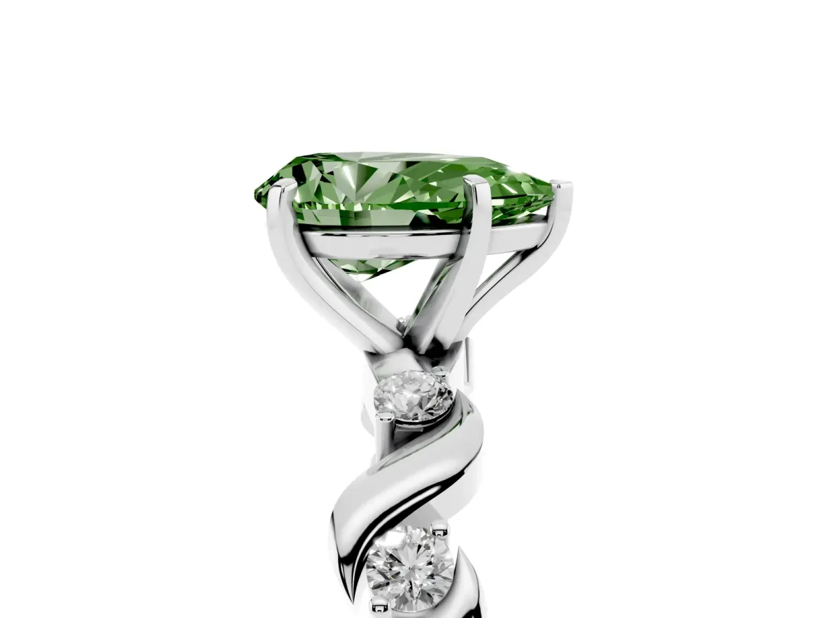 Fancy Green Pear Cut Diamond Solitaire Twisted Band with Round Accents and Prong Setting Platinum