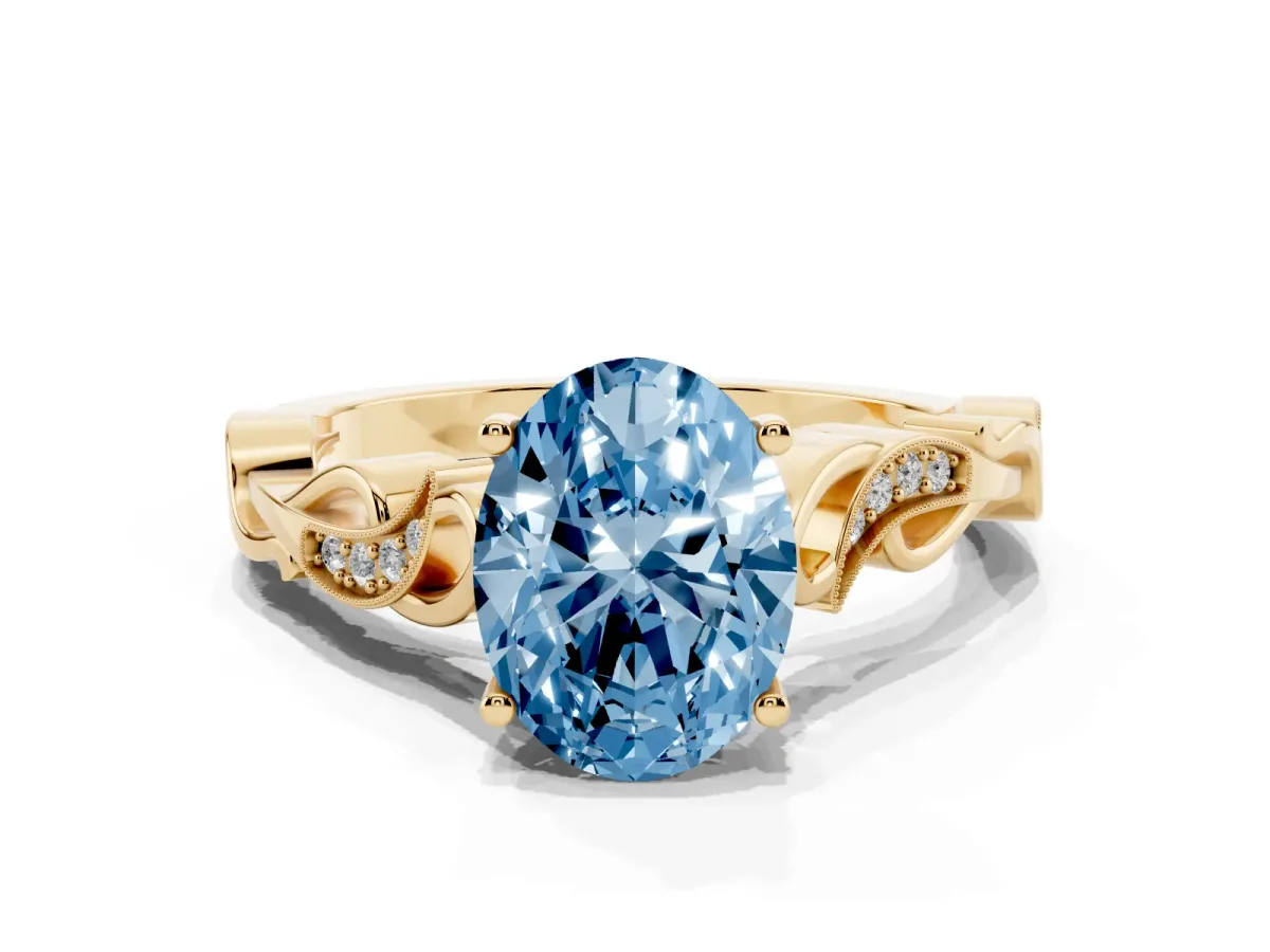 Fancy Blue Oval Cut Solitaire Vine Band with Milgrain Prong Setting Yellow gold