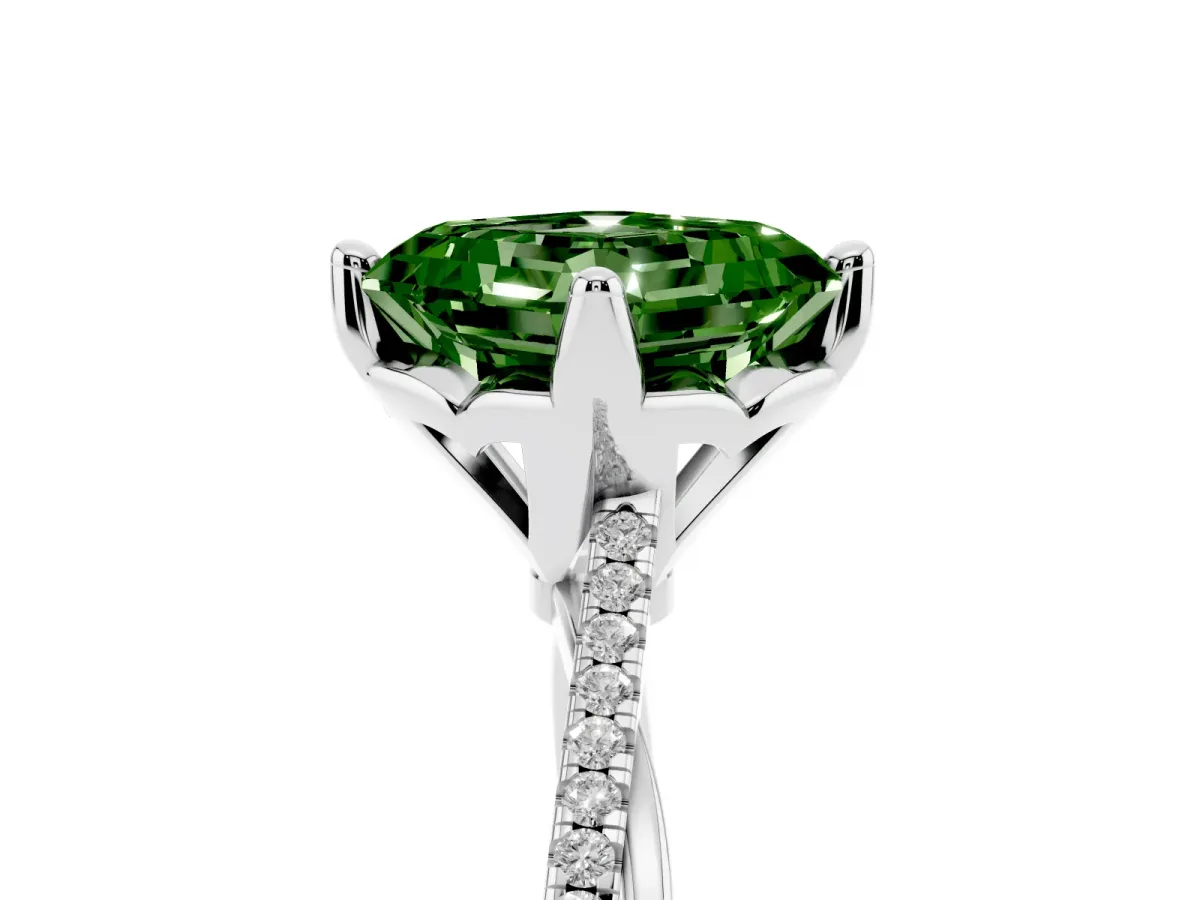 Fancy Green Asscher Cut Solitaire Twist Band with Pavé Diamonds and Four-Prong Setting White gold