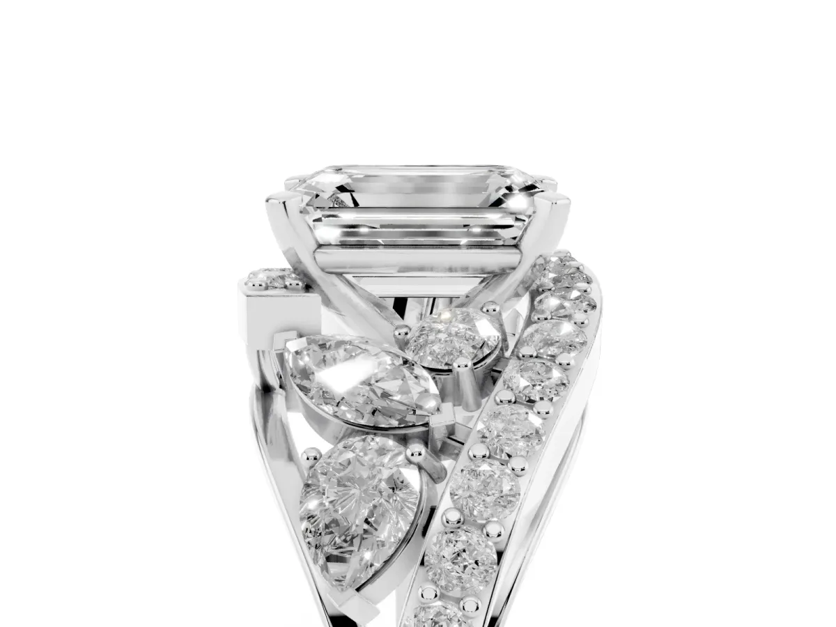 Emerald Cut Diamond Halo Ring with Marquise and Pavé Band in Prong Setting Platinum