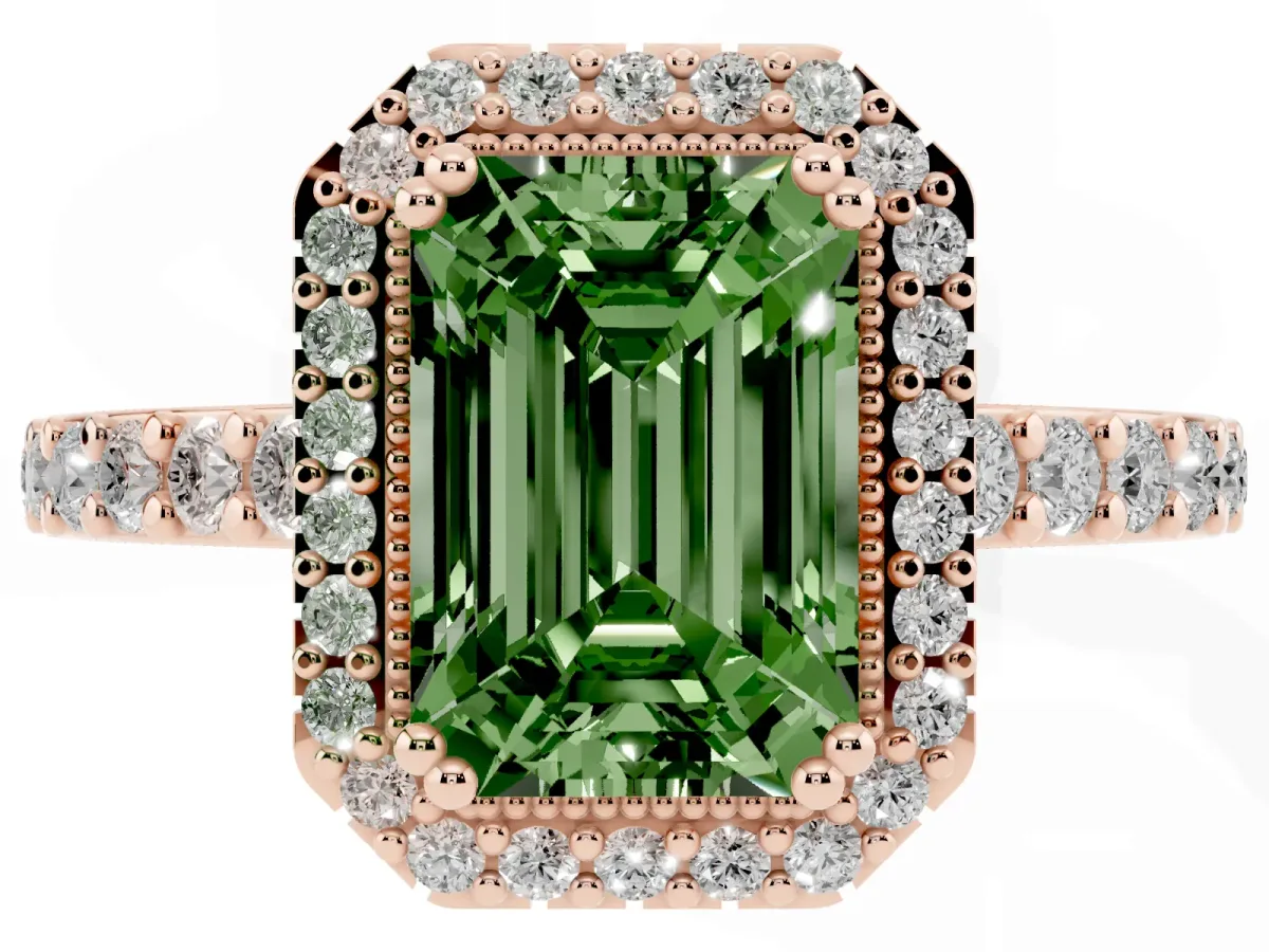 Fancy Green Emerald Cut Cut Diamond Halo Engagement Ring with Milgrain Detail and Pavé Band Rose gold