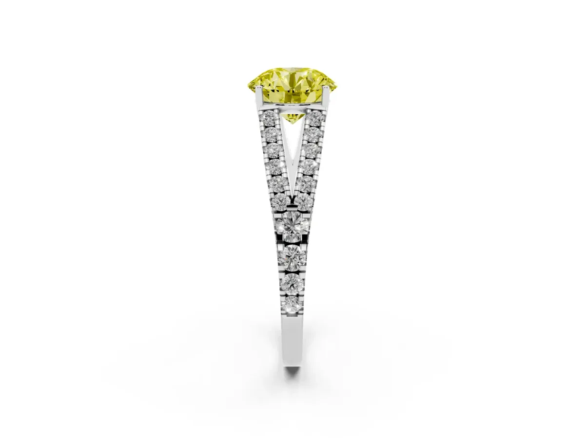 Fancy Yellow Round Cut Diamond Split Shank Pavé Engagement Ring with Four-Prong Setting White gold