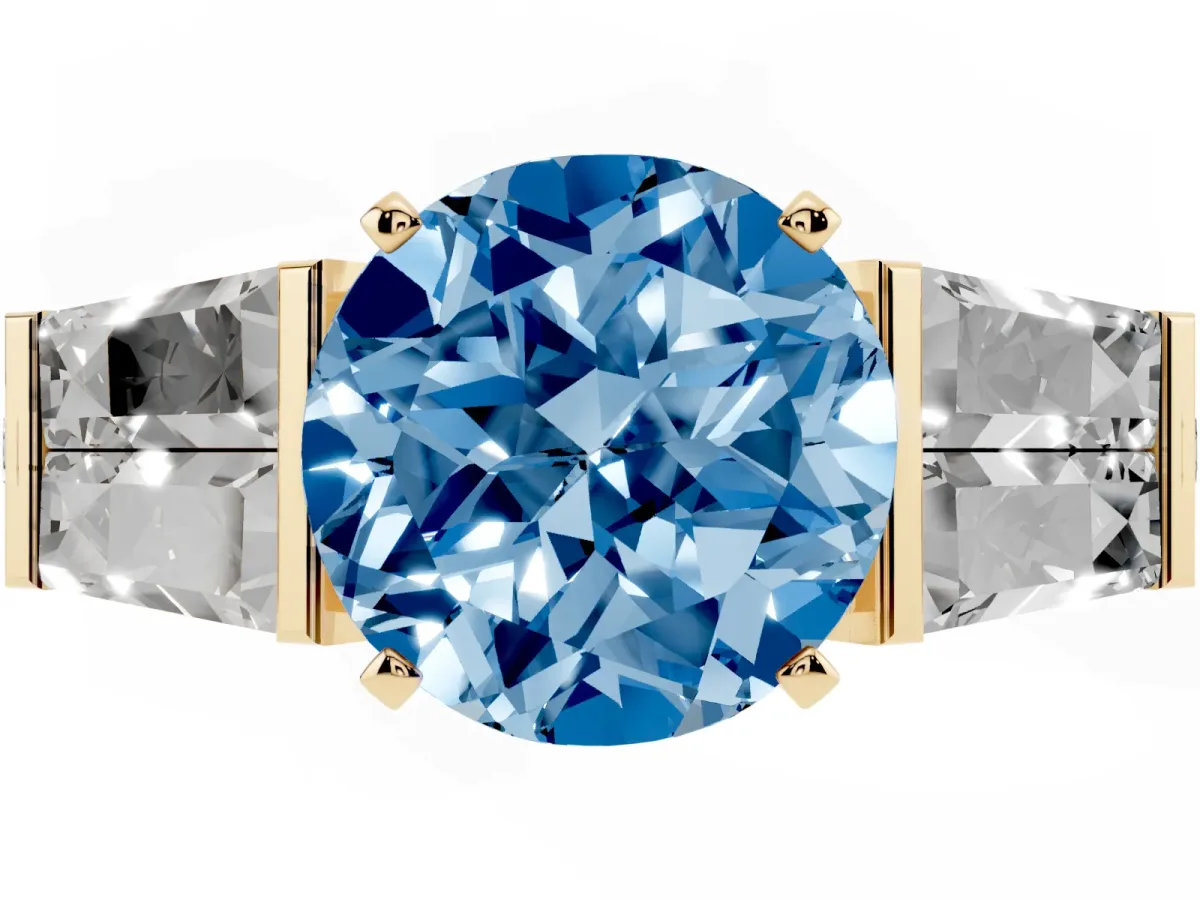 Fancy Blue Round Cut Diamond Engagement Ring with Baguette Side Stones and Channel Set Band Yellow gold
