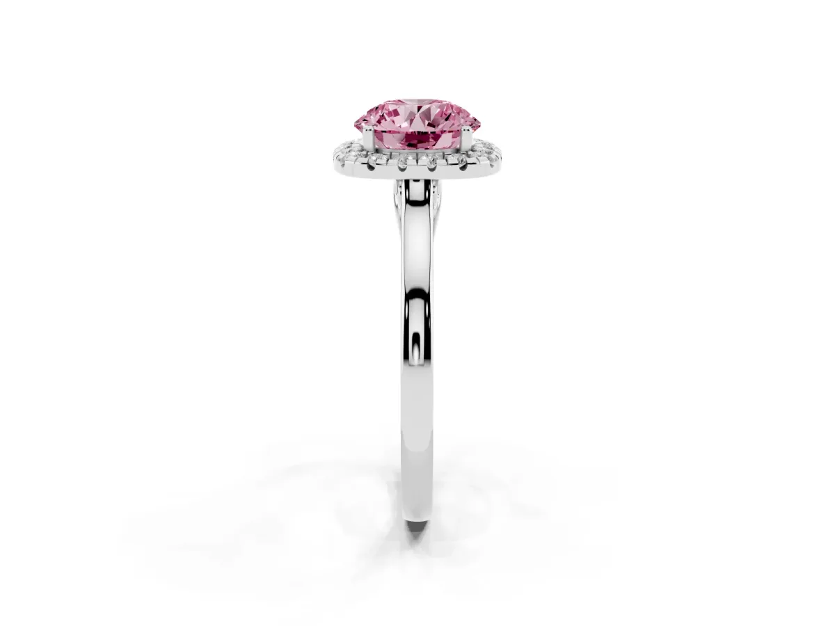 Fancy Pink Round Cut Halo Round Diamond Solitaire Ring with Pavé Band and Four-Prong Setting Silver