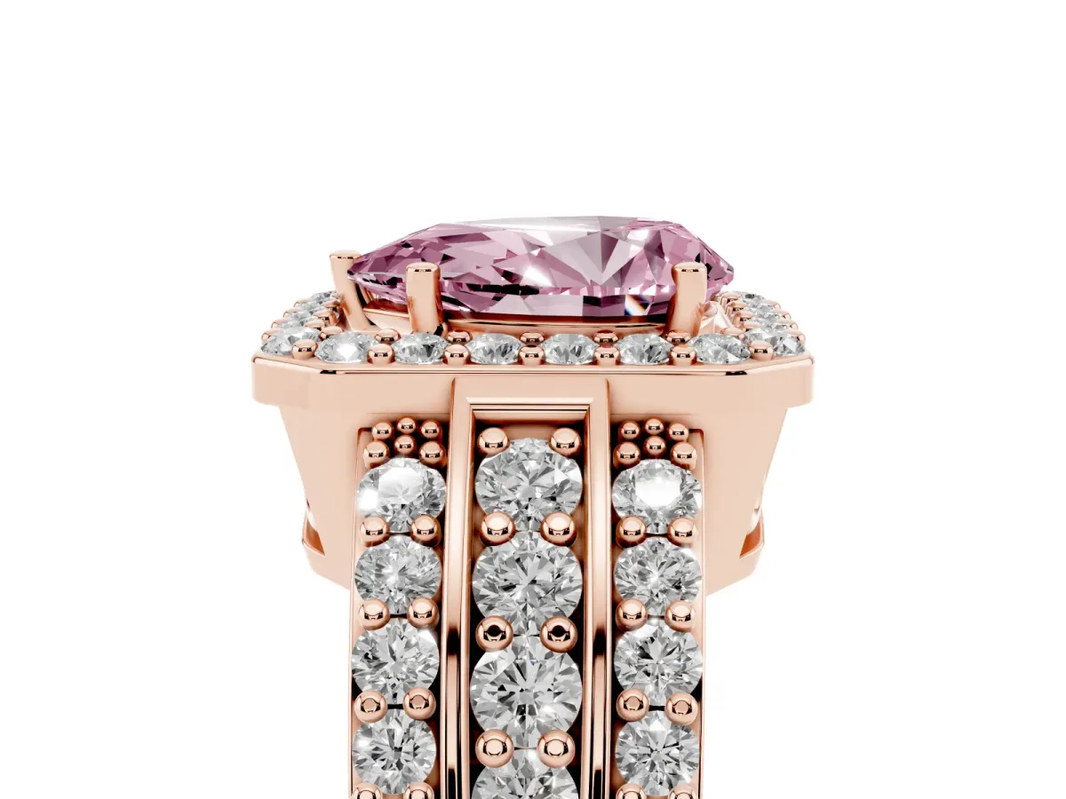 Fancy Pink Pear Cut Halo Diamond Ring with Round Split Shank and Prong Setting Rose gold