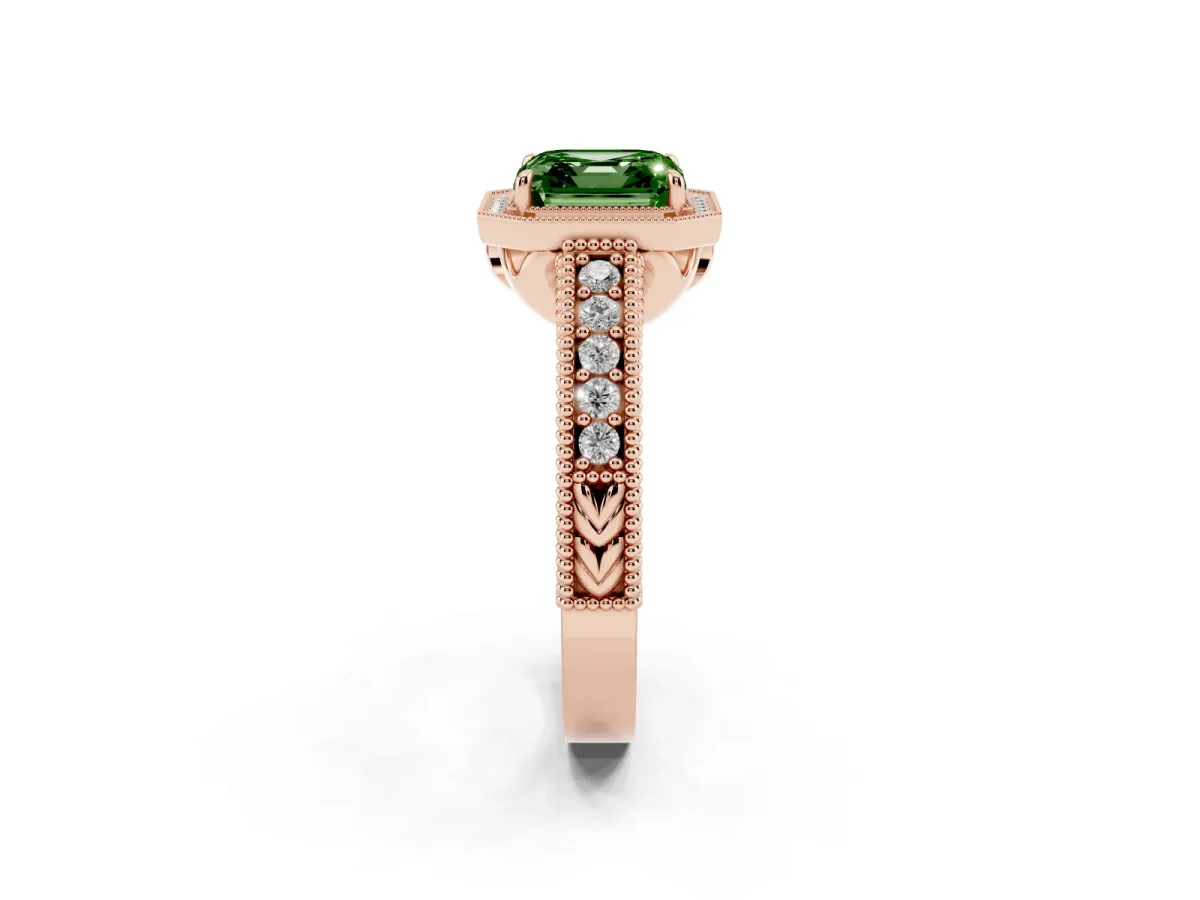Fancy Green Asscher Cut Cut Halo Diamond Ring with Pavé Band and Four-Prong Setting Rose gold