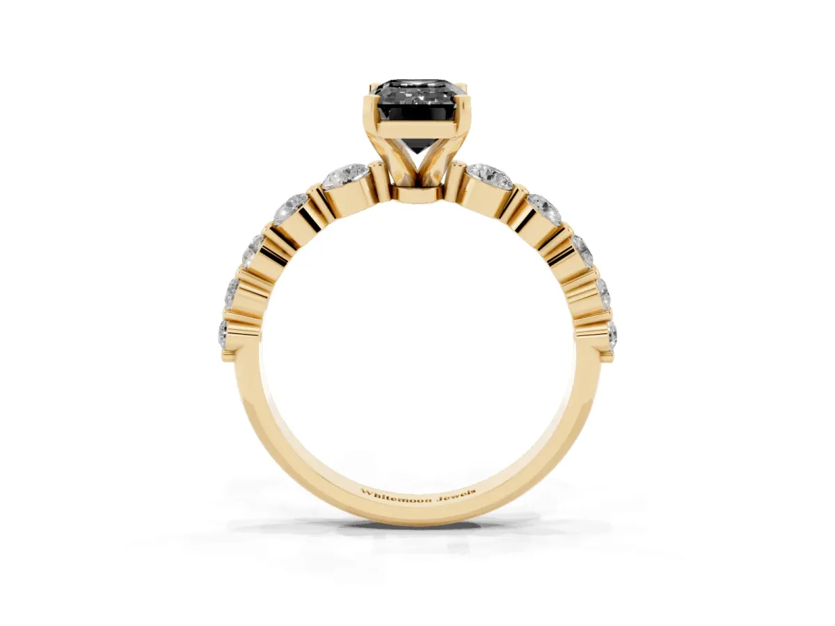 Fancy Black Emerald Cut Solitaire Diamond Ring with Pave Band and Four-Prong Setting Yellow gold