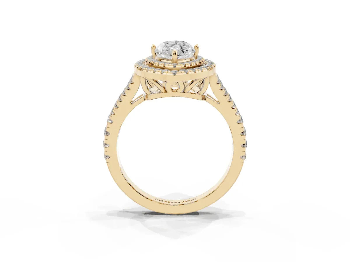 Marquise Cut Diamond Double Halo Ring with Pavé Band and Prong Setting Yellow gold