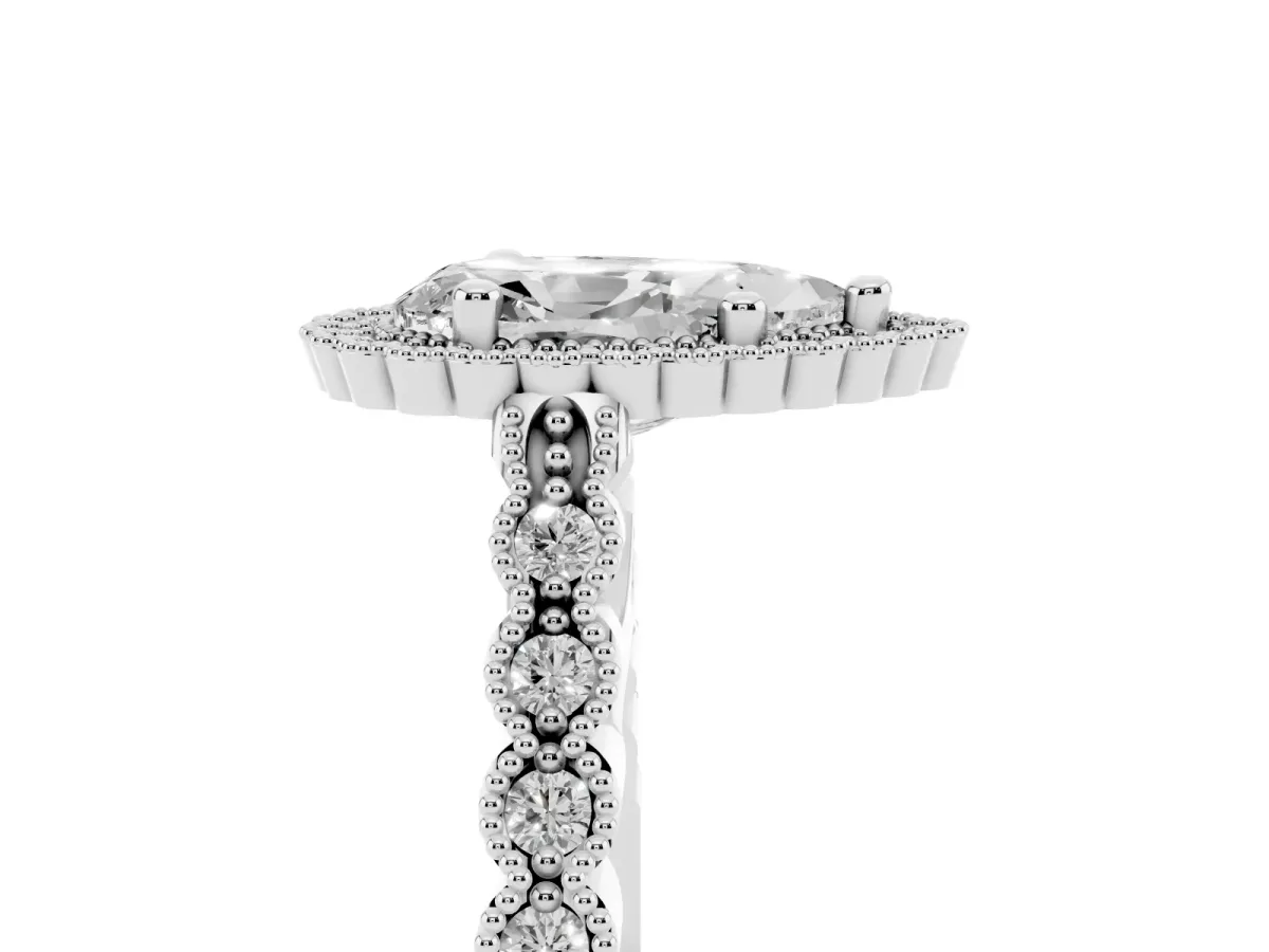 Pear Cut Cut Halo Pavé Solitaire Ring with Milgrain Band White gold
