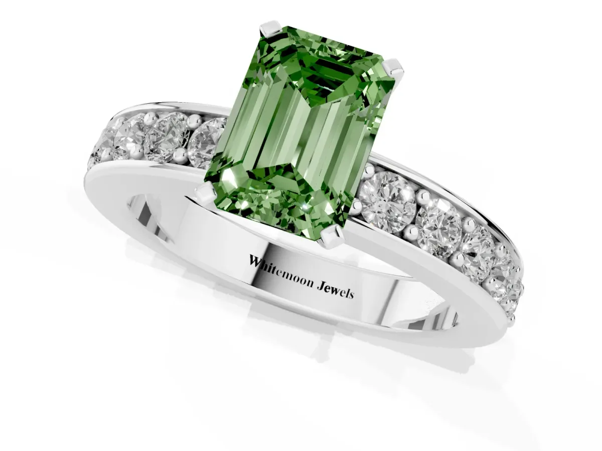 Fancy Green Emerald Cut Diamond Engagement Ring with Channel Set Round Band and Prong Setting Platinum