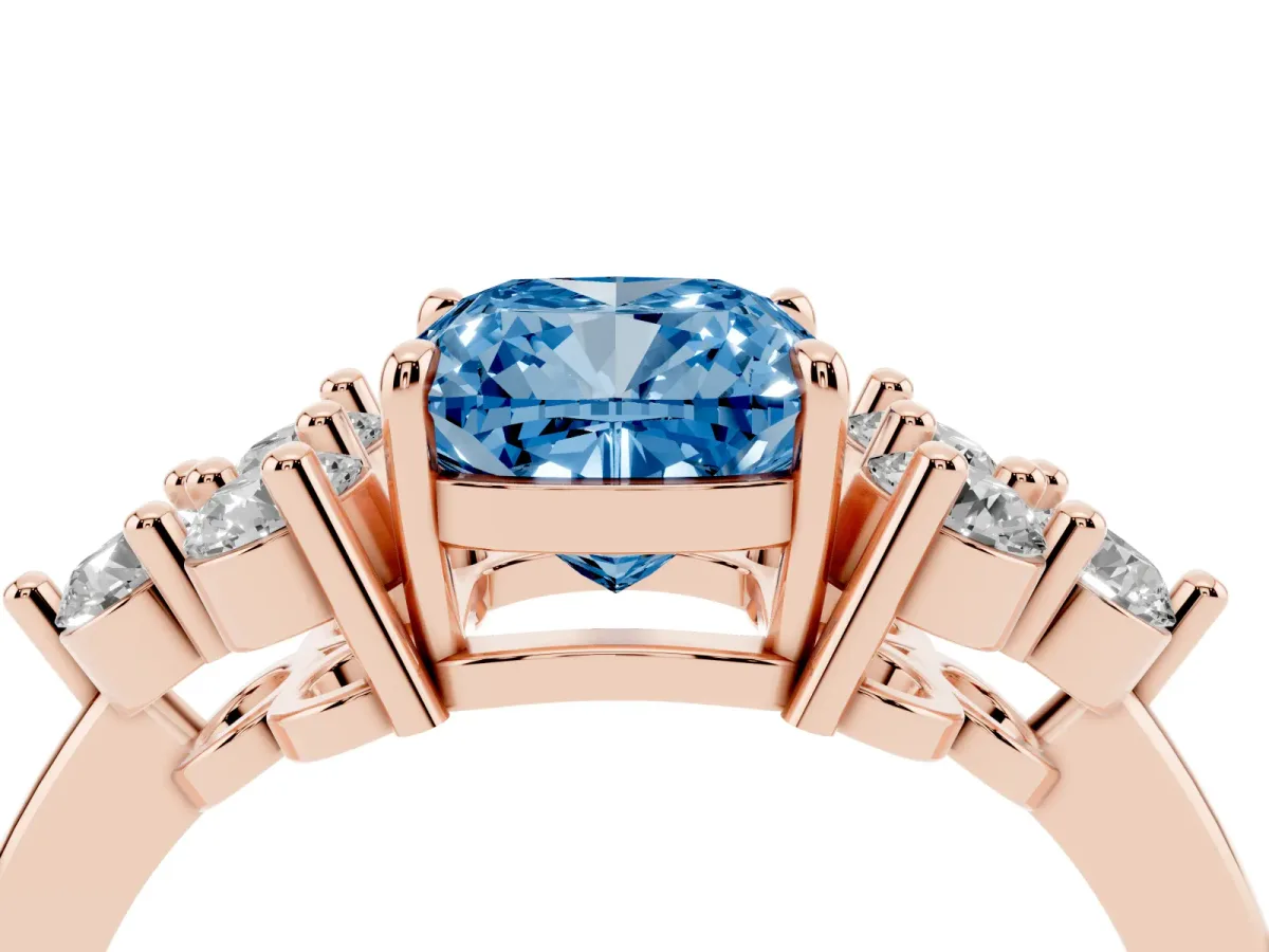 Fancy Blue Cushion Cut Brilliant Diamond Cluster Accent Solitaire Ring with Prong Setting Rose gold