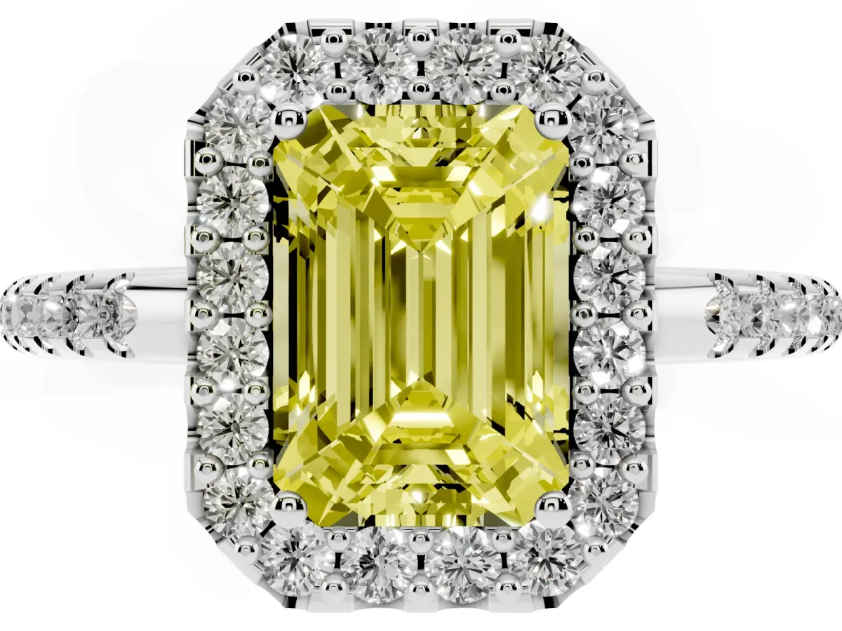 Fancy Yellow Emerald Cut Diamond Pavé Halo Ring with Four-Prong Setting Silver