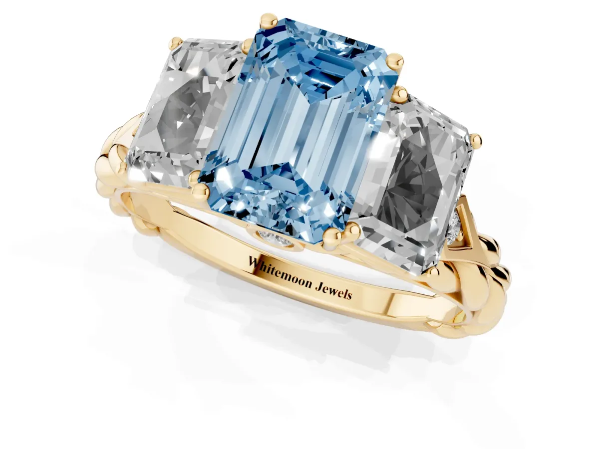 Fancy Blue Three-Stone Radiant Cut Diamond Braided Band Ring with Four-Prong Setting Yellow gold