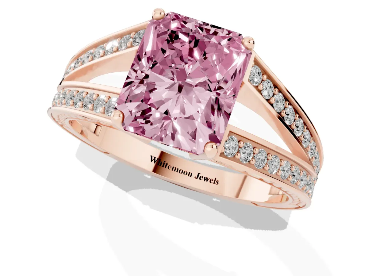 Fancy Pink Radiant Cut Diamond Split Shank Ring with Pavé Band and Four-Prong Setting Rose gold