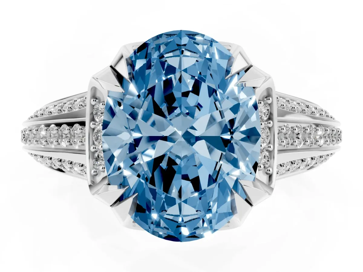 Fancy Blue Oval Cut Solitaire Pave Split Shank Ring with Four-Prong Setting White gold