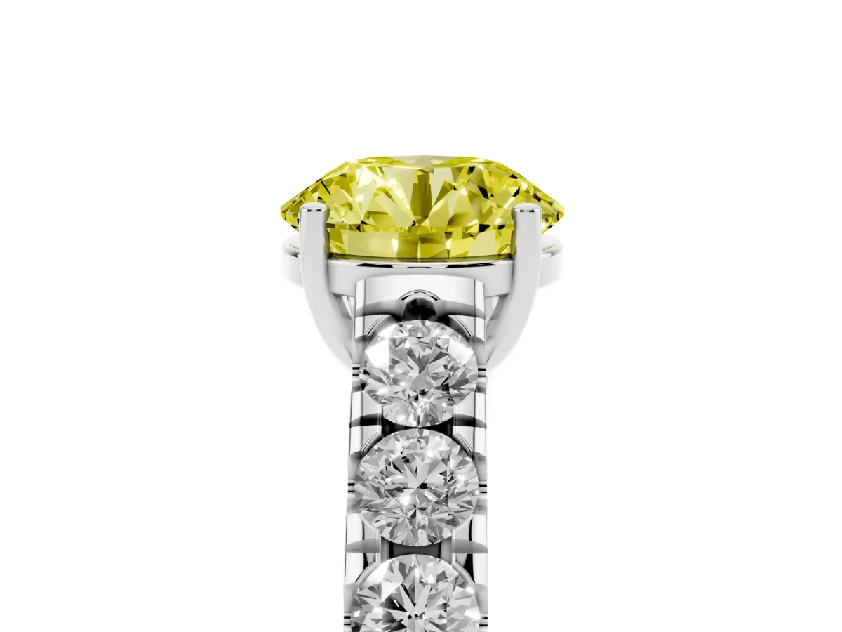 Fancy Yellow Round Cut Cut Diamond Solitaire Ring with Micro Pave Band and Prong Setting Platinum